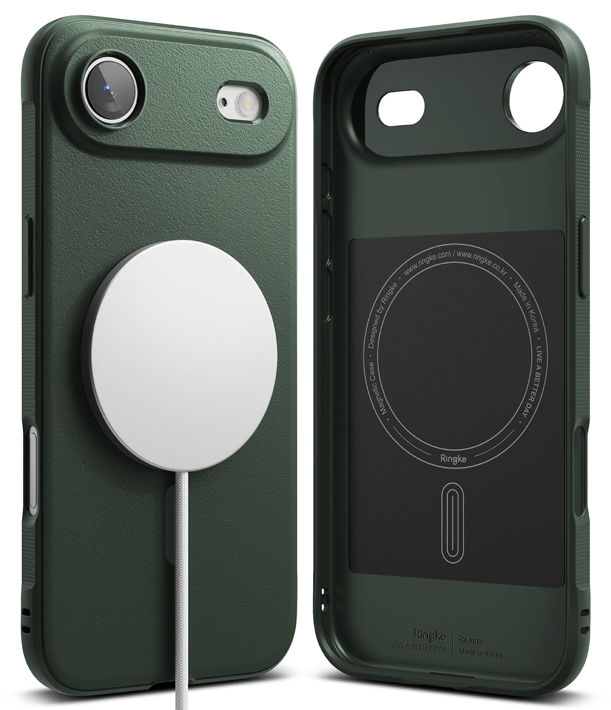 iPhone Air Case | Onyx Magnetic - Dark green phone case with magnetic charger attached and interior view showing branding.