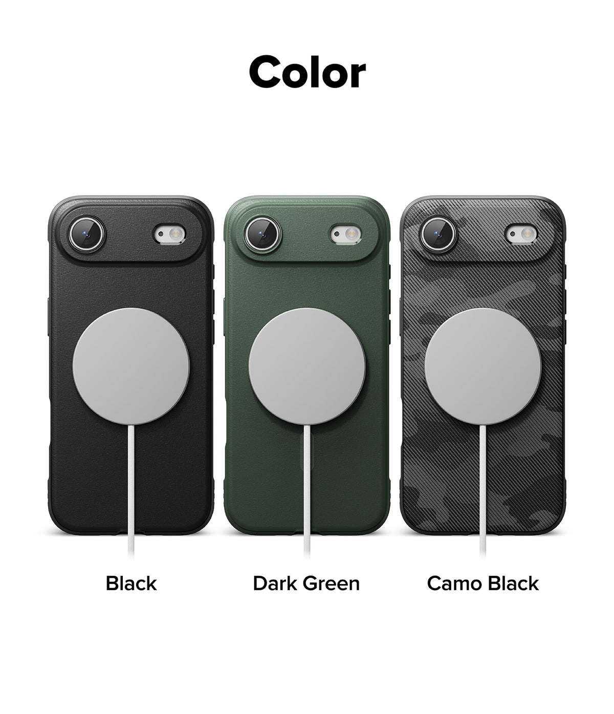 iPhone Air Case | Onyx Magnetic - Three phone cases in black, dark green, and camo black, each with a magnetic charging disc.