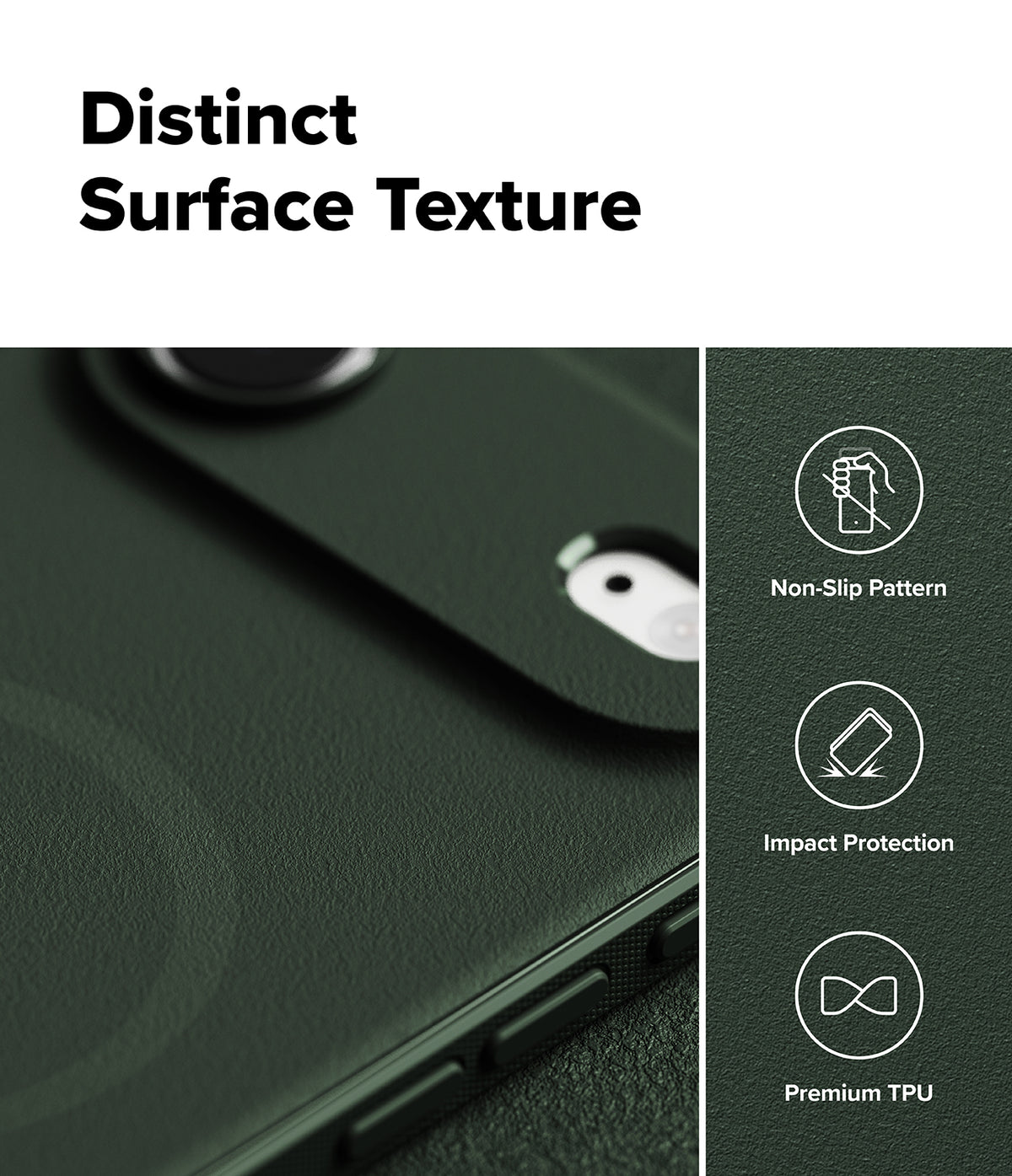iPhone Air Case | Onyx Magnetic - Close-up of dark green textured phone case with icons for non-slip, impact protection, and TPU.