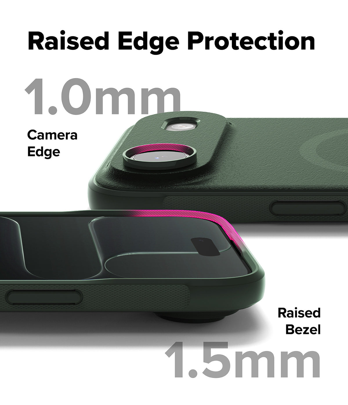 iPhone Air Case | Onyx Magnetic - Dark green phone case showing 1.0mm camera edge and 1.5mm raised screen bezel protection.