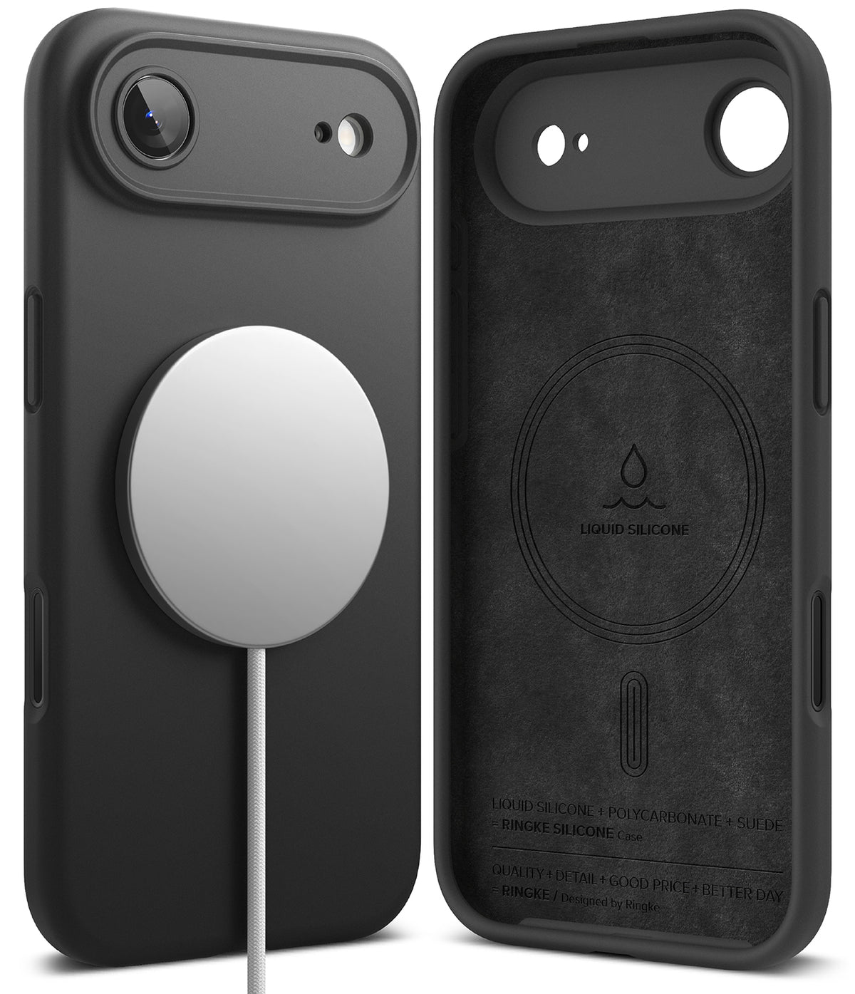 iPhone Air Case | Silicone Magnetic - Black silicone iPhone case with magnetic charger on back and interior branding.