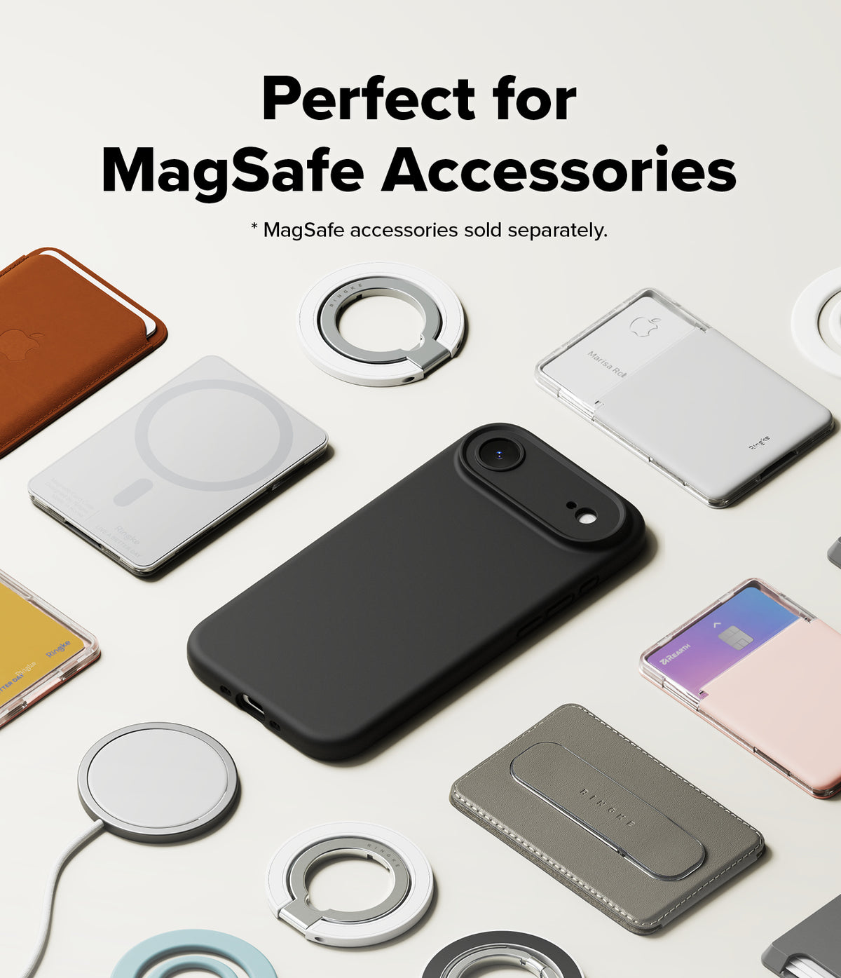 iPhone Air Case | Silicone Magnetic - Black phone case surrounded by various MagSafe accessories on a light background.