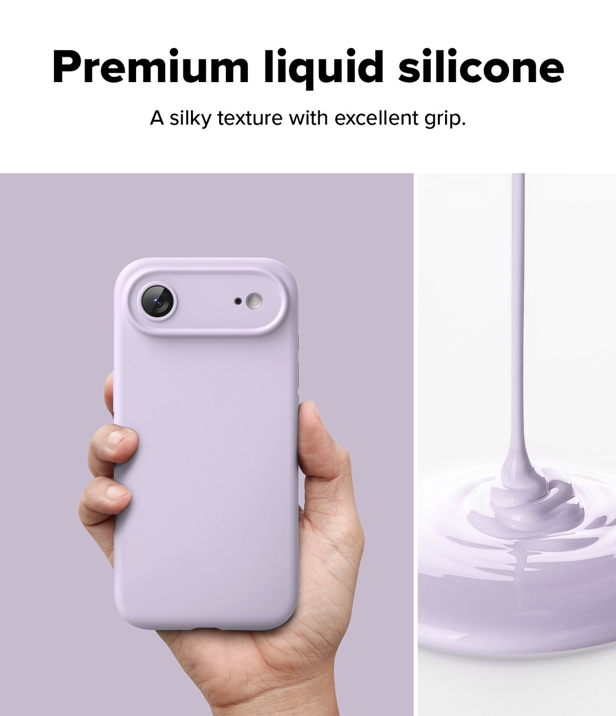 iPhone Air Case | Silicone Magnetic - Hand holding a light purple silicone phone case next to liquid silicone pouring.