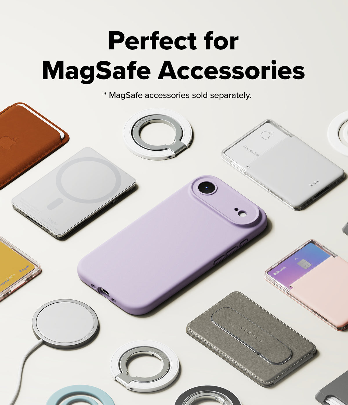 iPhone Air Case | Silicone Magnetic - A lavender phone case surrounded by various MagSafe accessories on a white surface.