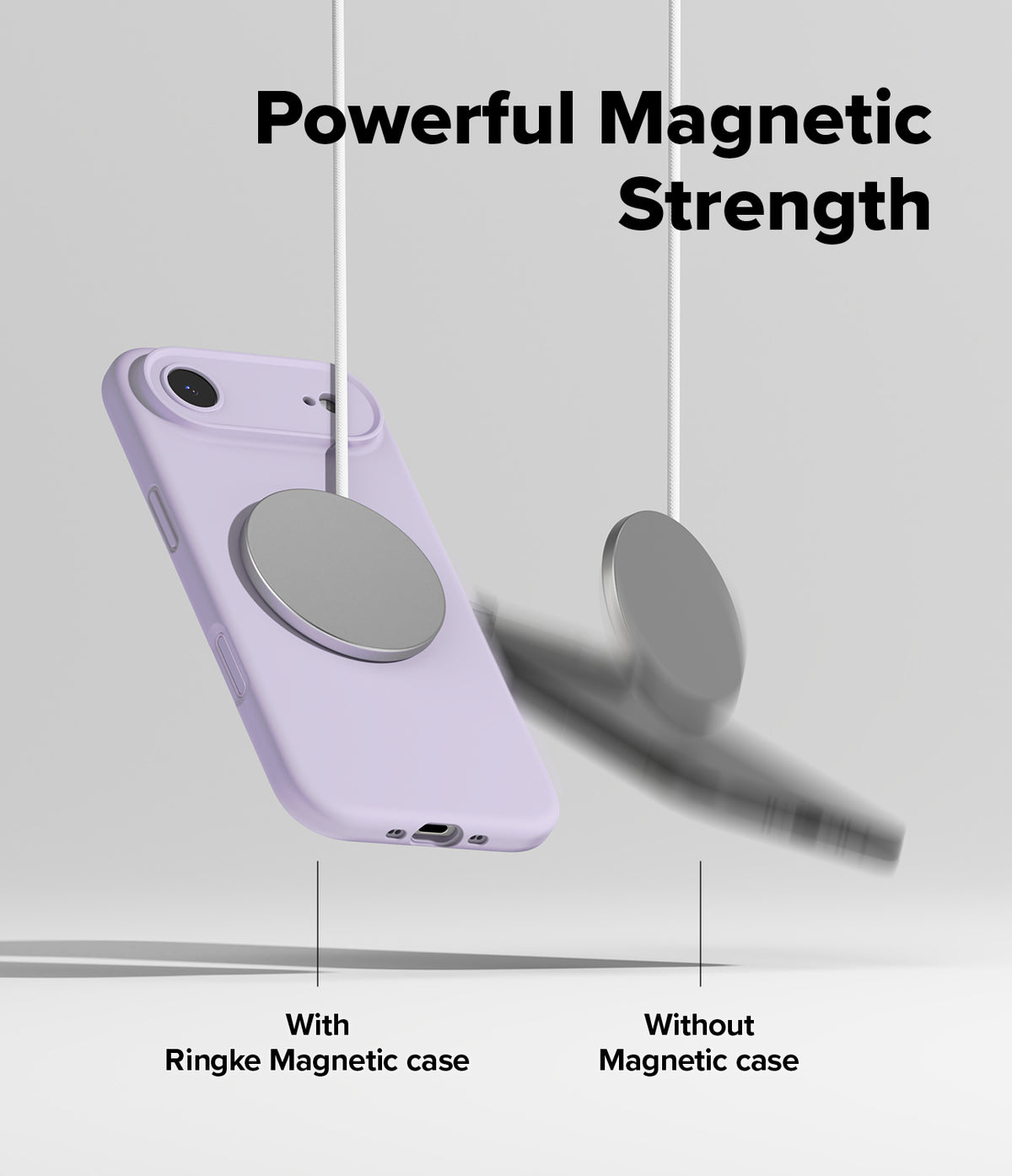 iPhone Air Case | Silicone Magnetic - A lavender phone case stays attached to a magnetic charger while another falls.
