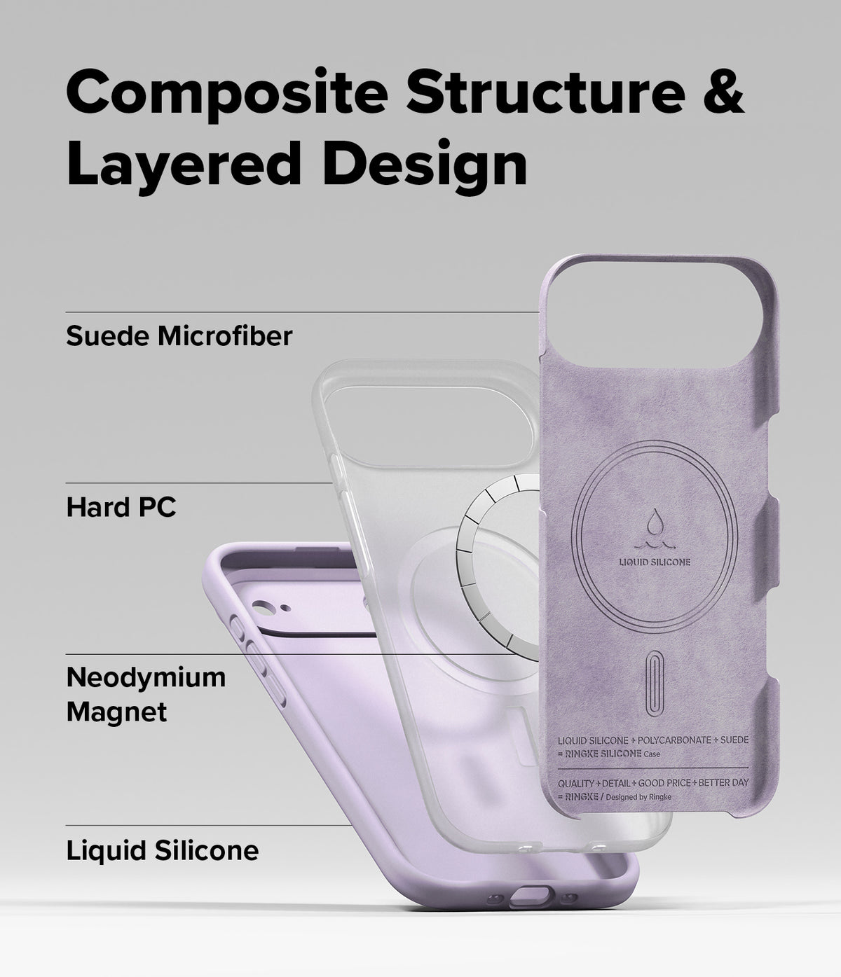 iPhone Air Case | Silicone Magnetic - Exploded view showing suede, hard PC, magnet, and silicone layers of the phone case.