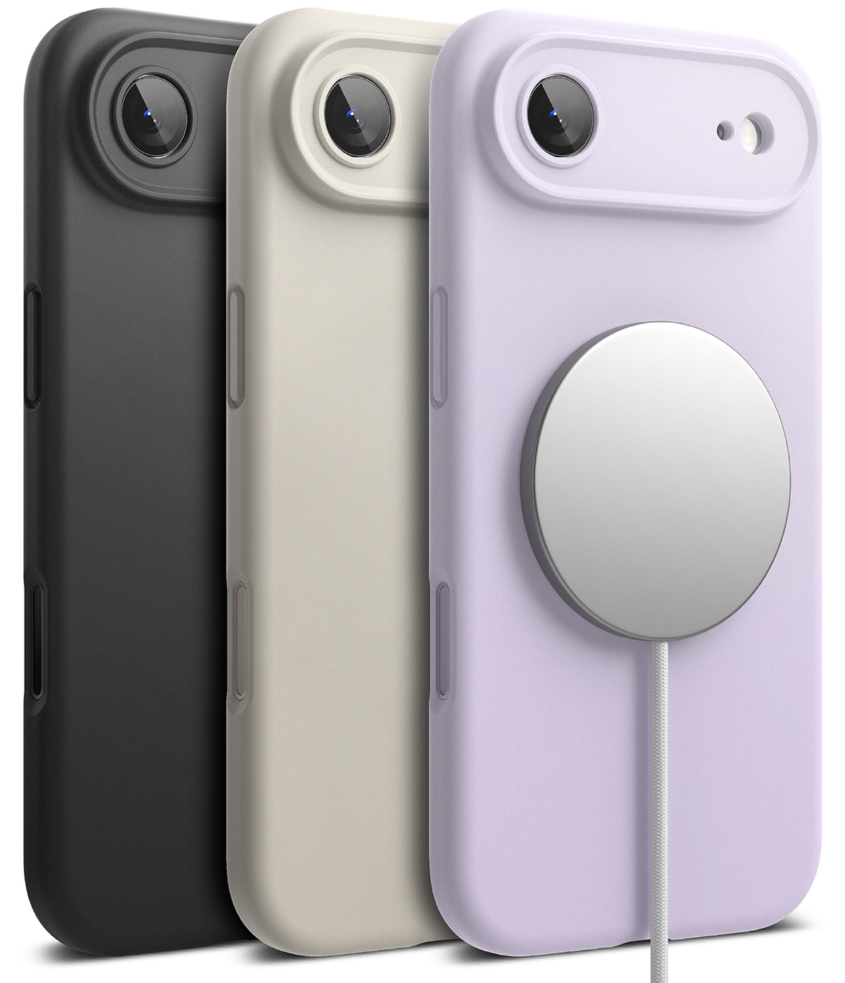 iPhone Air Case | Silicone Magnetic - Three silicone phone cases in black, beige, and lavender with a magnetic charger.