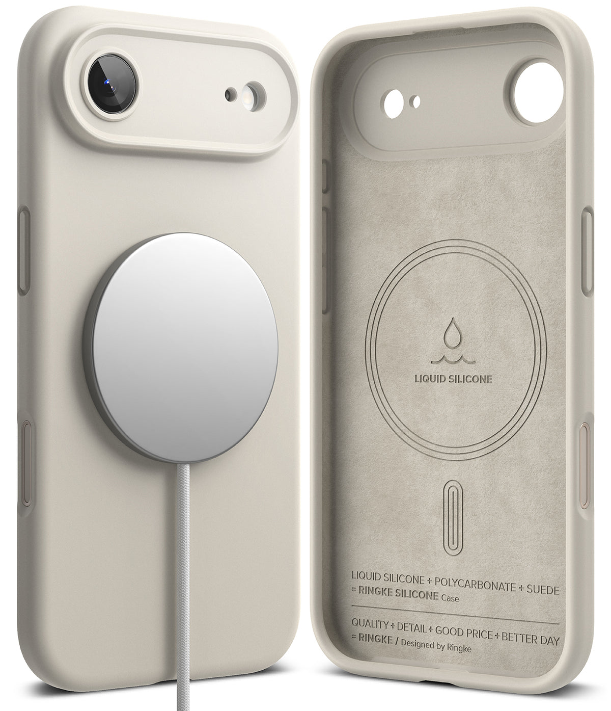 iPhone Air Case | Silicone Magnetic - Beige silicone iPhone case with MagSafe charger attached and interior view.