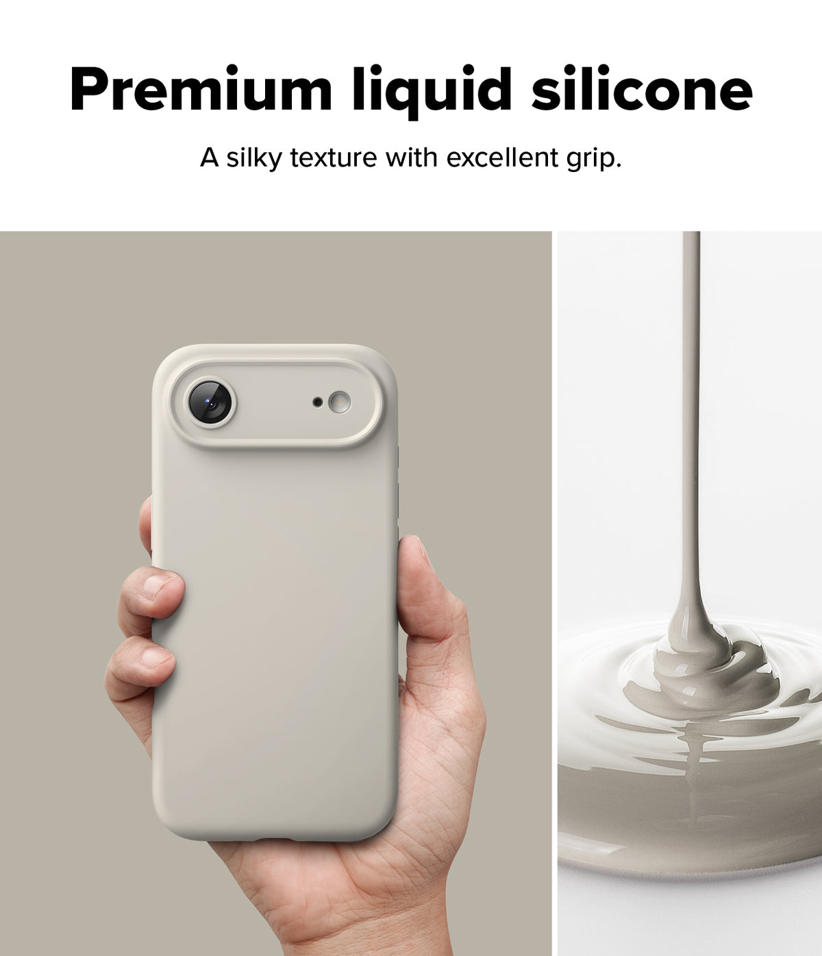iPhone Air Case | Silicone Magnetic - Hand holding a beige silicone phone case next to liquid silicone pouring down.