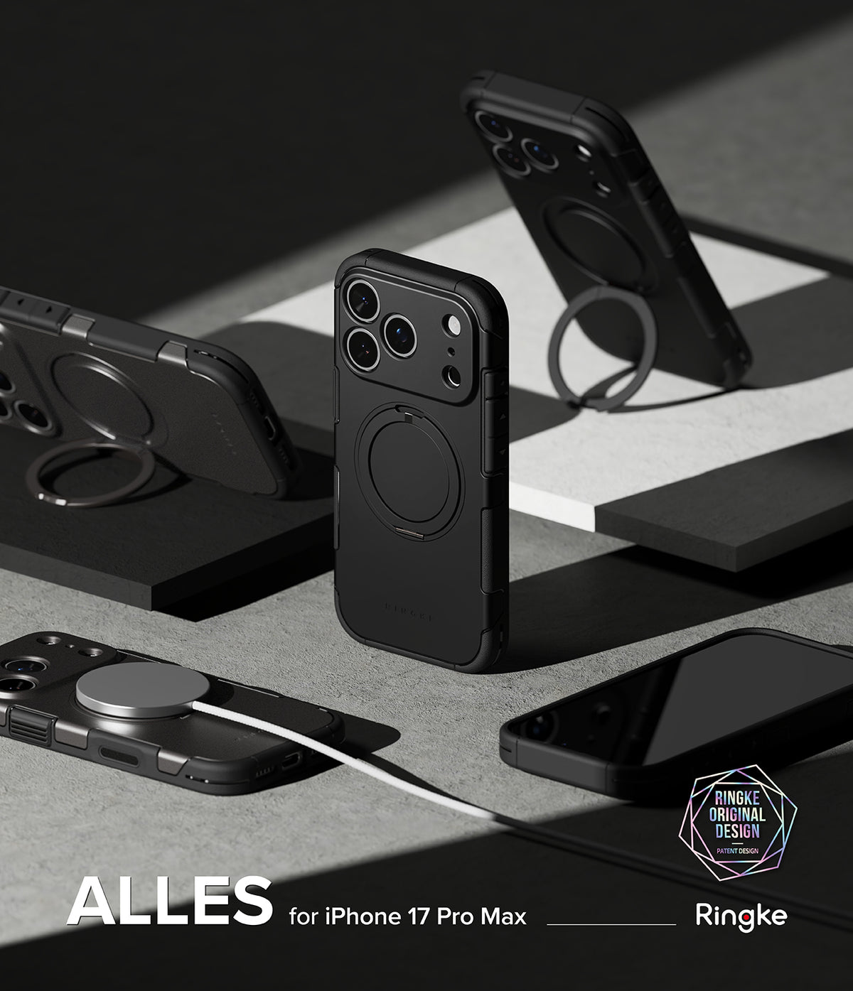 iPhone 17 Pro Max Case | Alles - Black protective phone cases with integrated ring stands and magnetic charging on a gray surface.