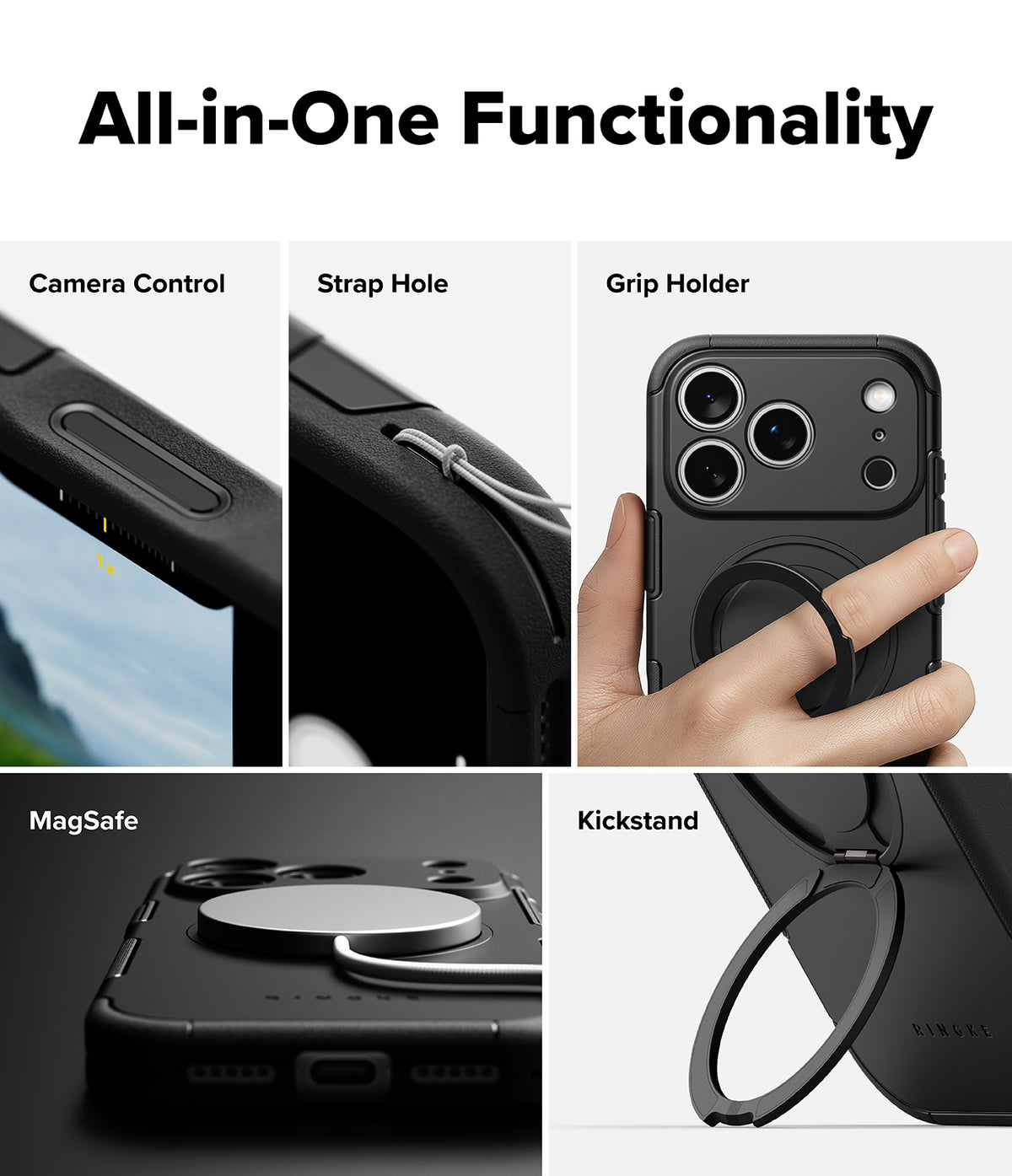 iPhone 17 Pro Max Case | Alles - Collage showing camera control, strap hole, finger grip, MagSafe charging, and kickstand.
