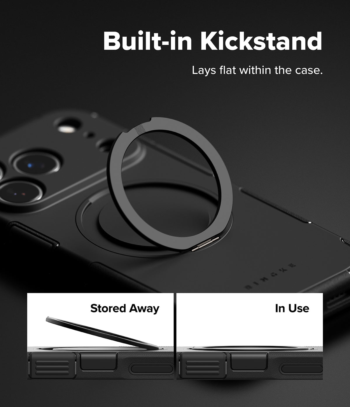 iPhone 17 Pro Max Case | Alles - Black phone case with a circular, integrated kickstand shown in stored and deployed positions.