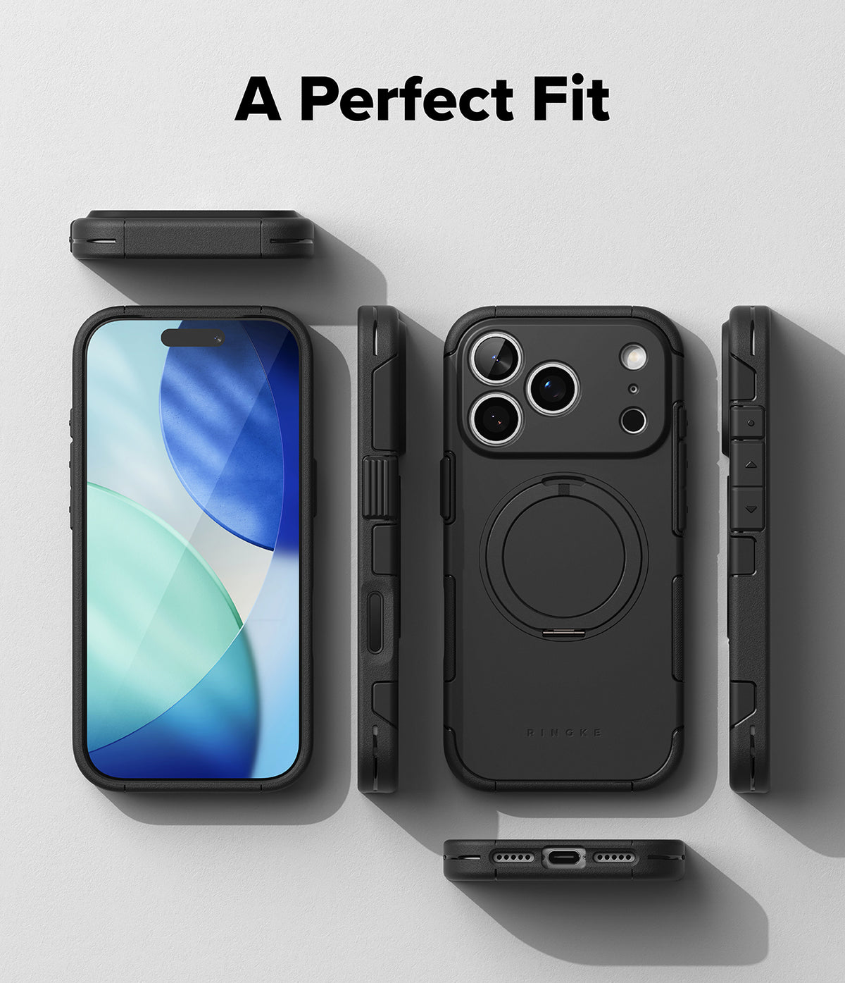 iPhone 17 Pro Max Case | Alles - Black protective phone case shown from multiple angles with a MagSafe ring on the back.