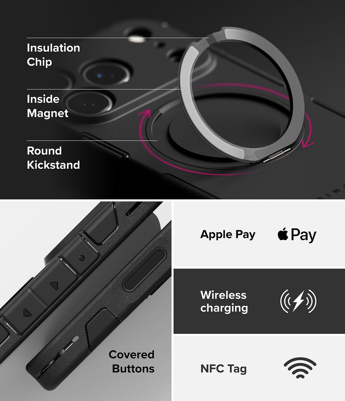 iPhone 17 Pro Max Case | Alles - Diagram showing magnetic kickstand, covered buttons, and support for Apple Pay, wireless charging, and NFC.