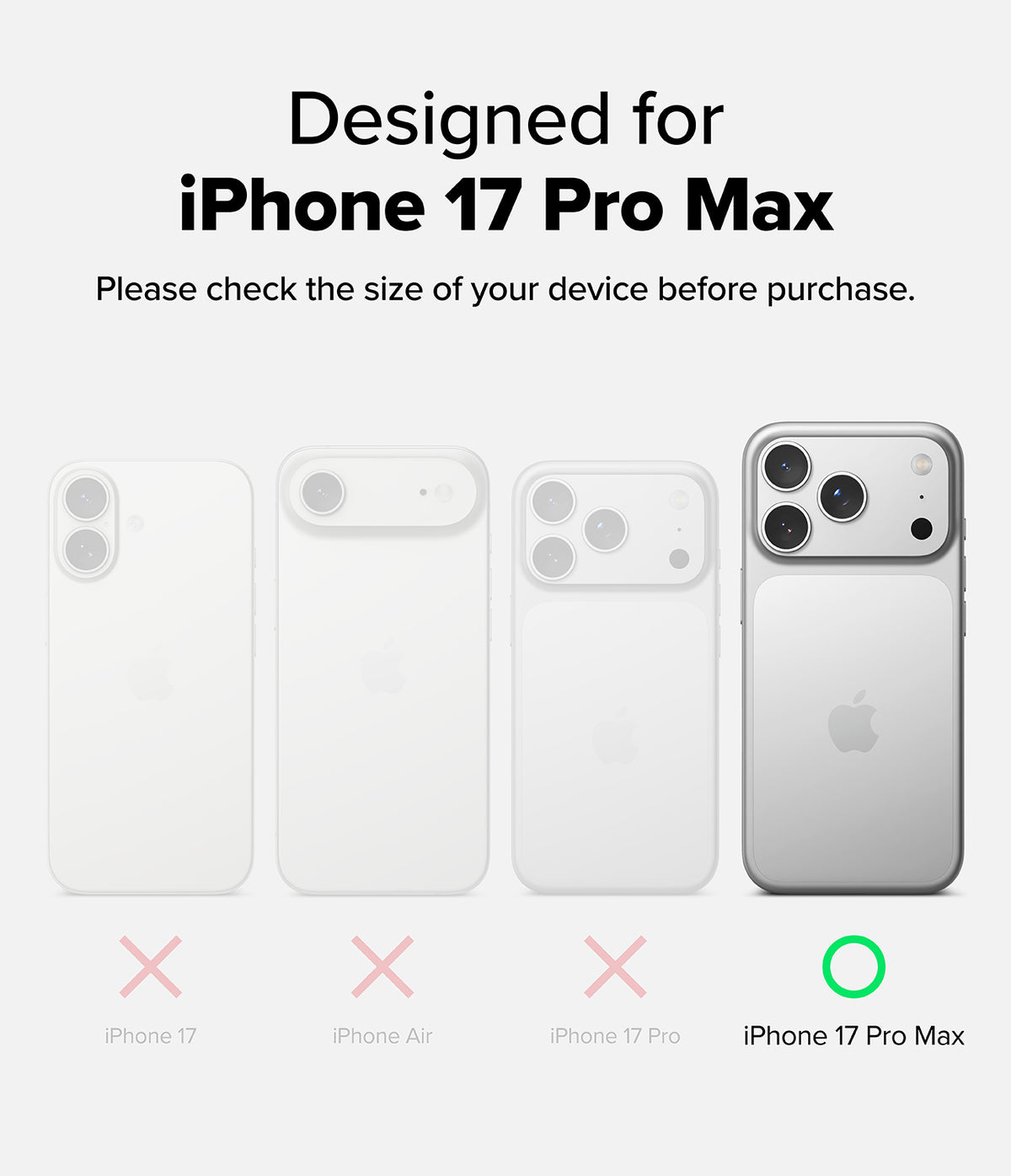 iPhone 17 Pro Max Case | Alles - Comparison chart showing iPhone 17 Pro Max as the only compatible model among four phone types.