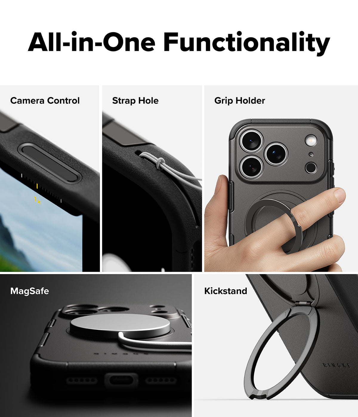 iPhone 17 Pro Max Case | Alles - Collage showing camera control, strap hole, finger grip, MagSafe charging, and kickstand.