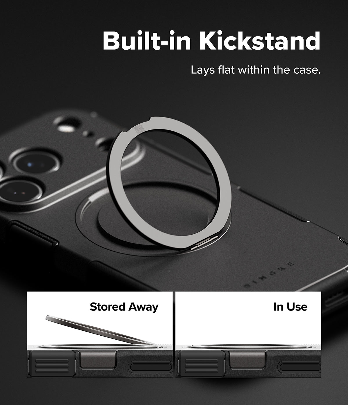 iPhone 17 Pro Max Case | Alles - Black phone case with a circular, integrated kickstand shown in stored and deployed positions.