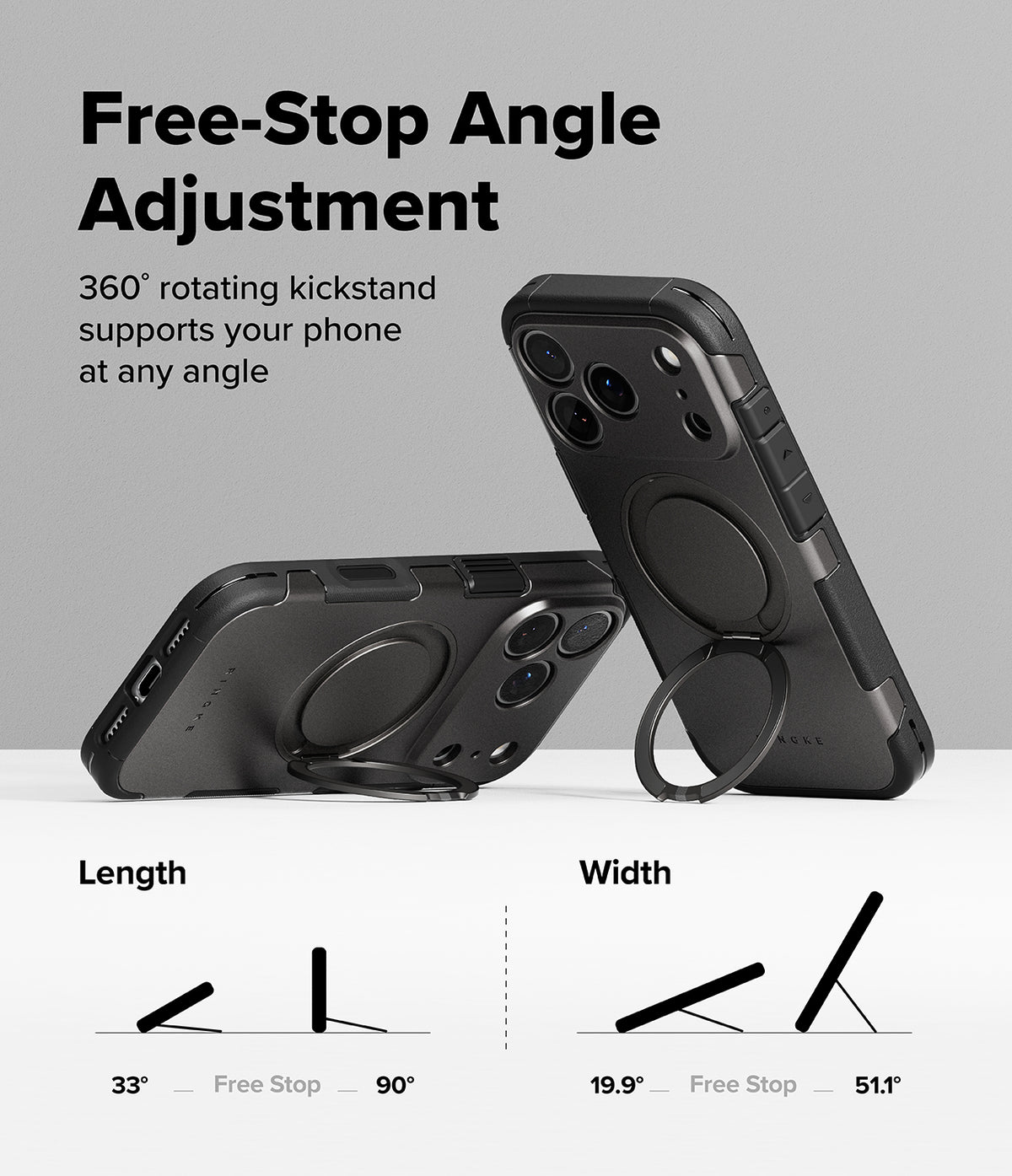 iPhone 17 Pro Max Case | Alles - Two black phone cases with 360-degree rotating ring kickstands shown at various angles.