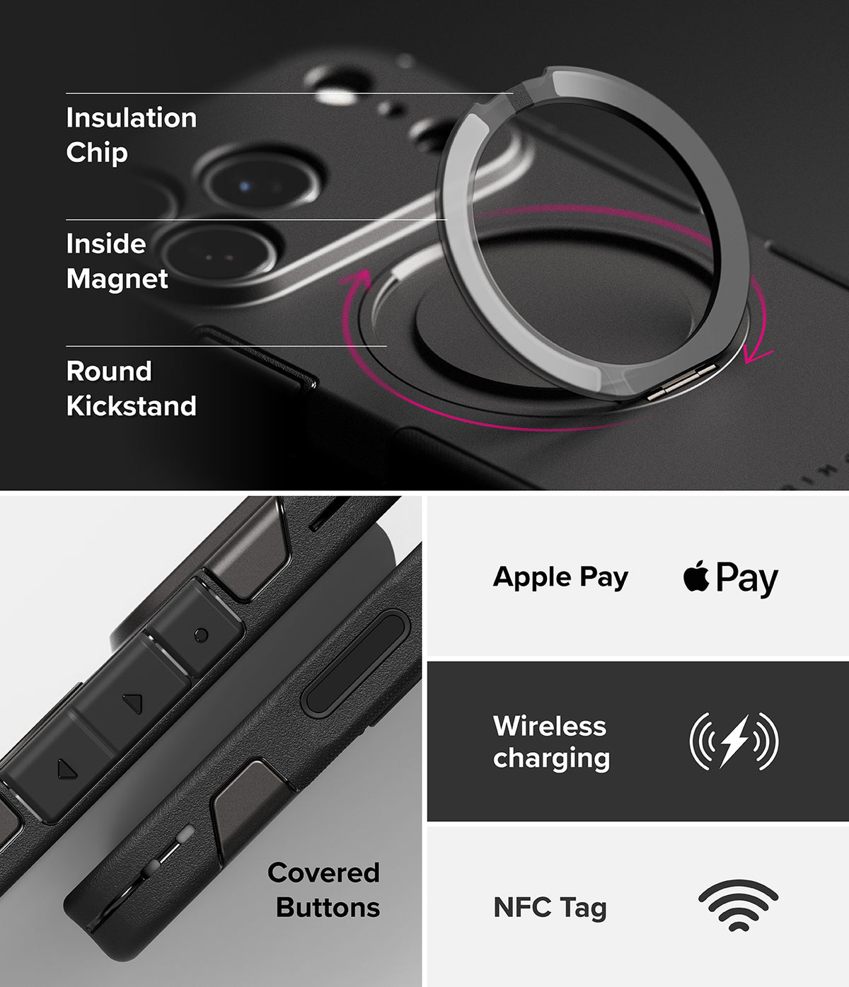 iPhone 17 Pro Max Case | Alles - Diagram showing kickstand, magnets, covered buttons, and compatibility icons.