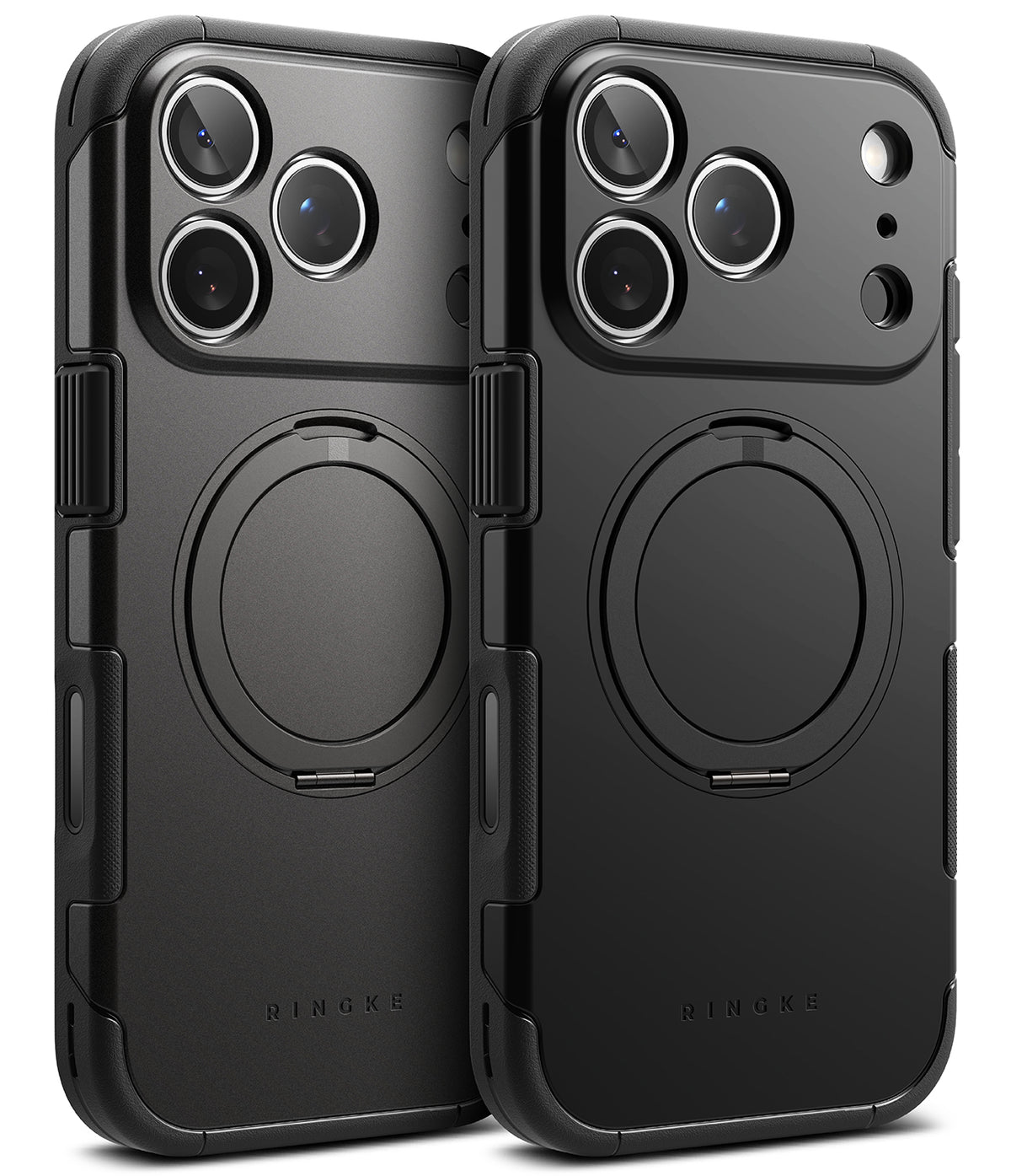 iPhone 17 Pro Max Case | Alles - Two black protective phone cases with integrated circular kickstands and camera cutouts.