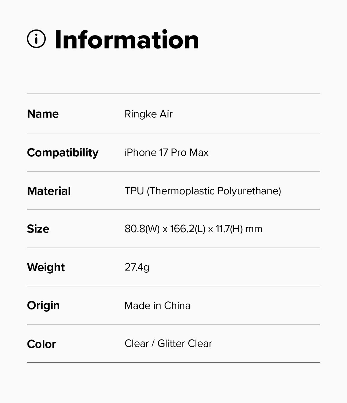 iPhone 17 Pro Max Case | Air - Information table listing specifications for the Ringke Air case including material and size.
