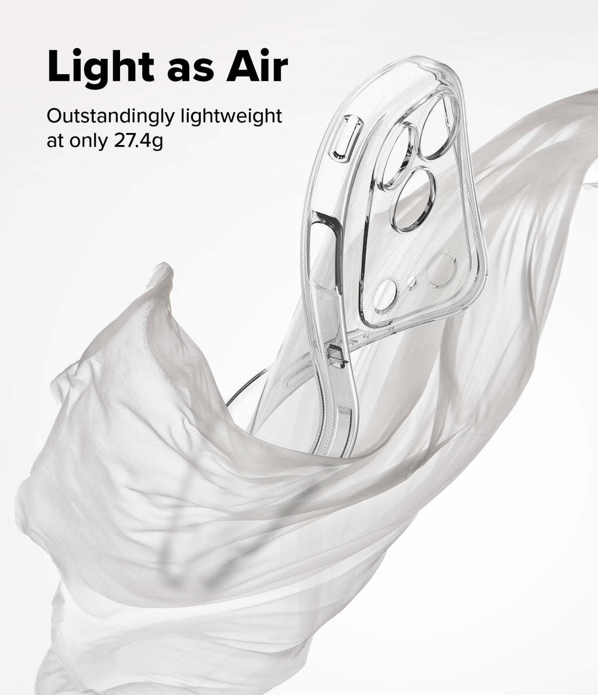 iPhone 17 Pro Max Case | Air - Clear phone case floating in white fabric with text highlighting its lightweight design.