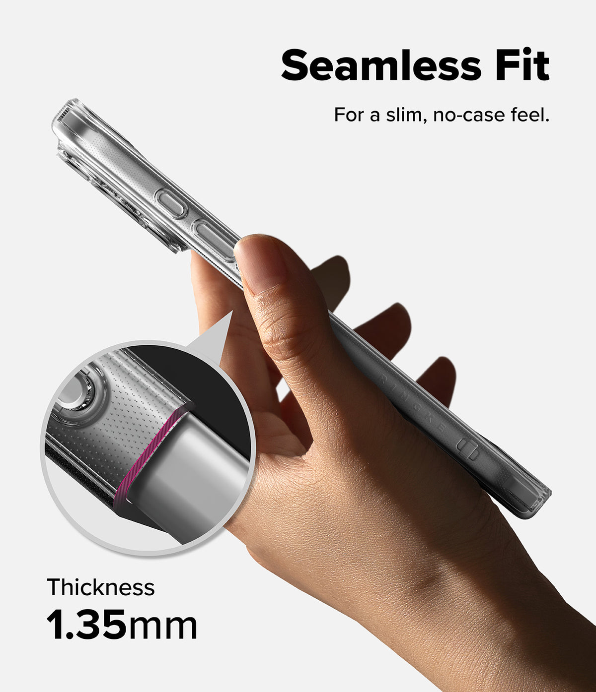 iPhone 17 Pro Max Case | Air - Hand holding a slim, clear phone case with a magnified view highlighting its 1.35mm thickness.