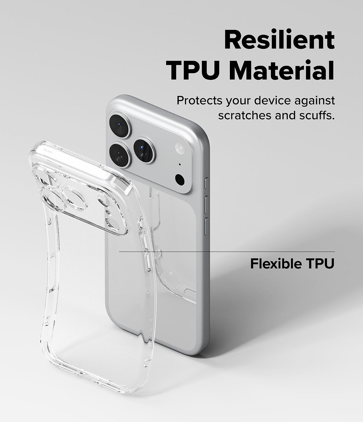 iPhone 17 Pro Max Case | Air - A clear, flexible TPU phone case being placed onto a silver iPhone 17 Pro Max.