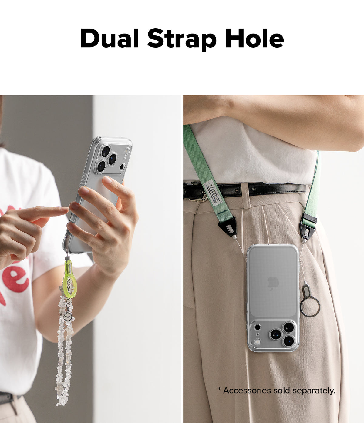 iPhone 17 Pro Max Case | Air - Clear phone case with dual strap holes attached to a green crossbody lanyard and wrist strap.