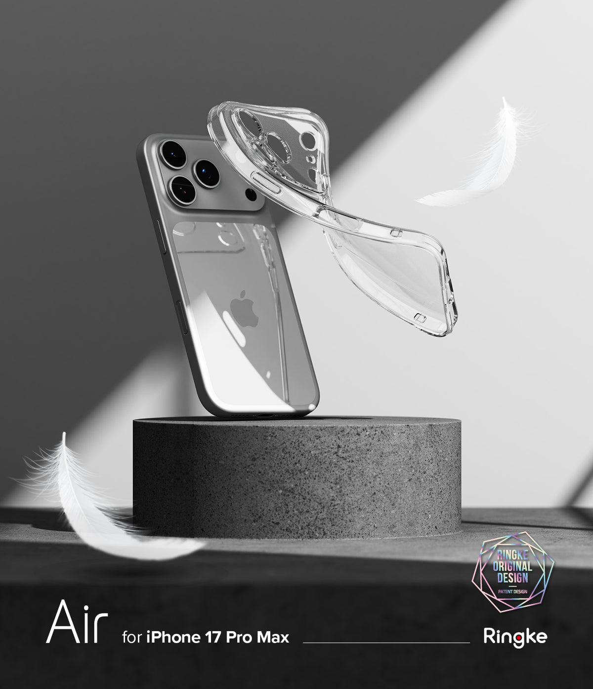 iPhone 17 Pro Max Case | Air - A clear phone case floating above an iPhone 17 Pro Max on a stone pedestal with white feathers.