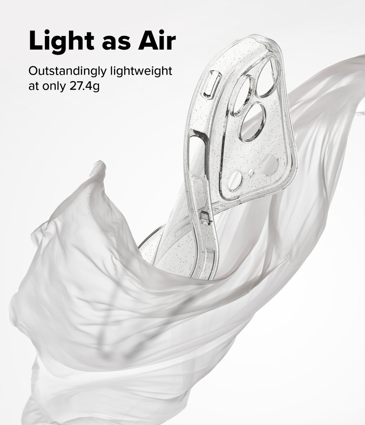 iPhone 17 Pro Max Case | Air - Clear, glittery phone case floating inside a flowing white fabric on a white background.