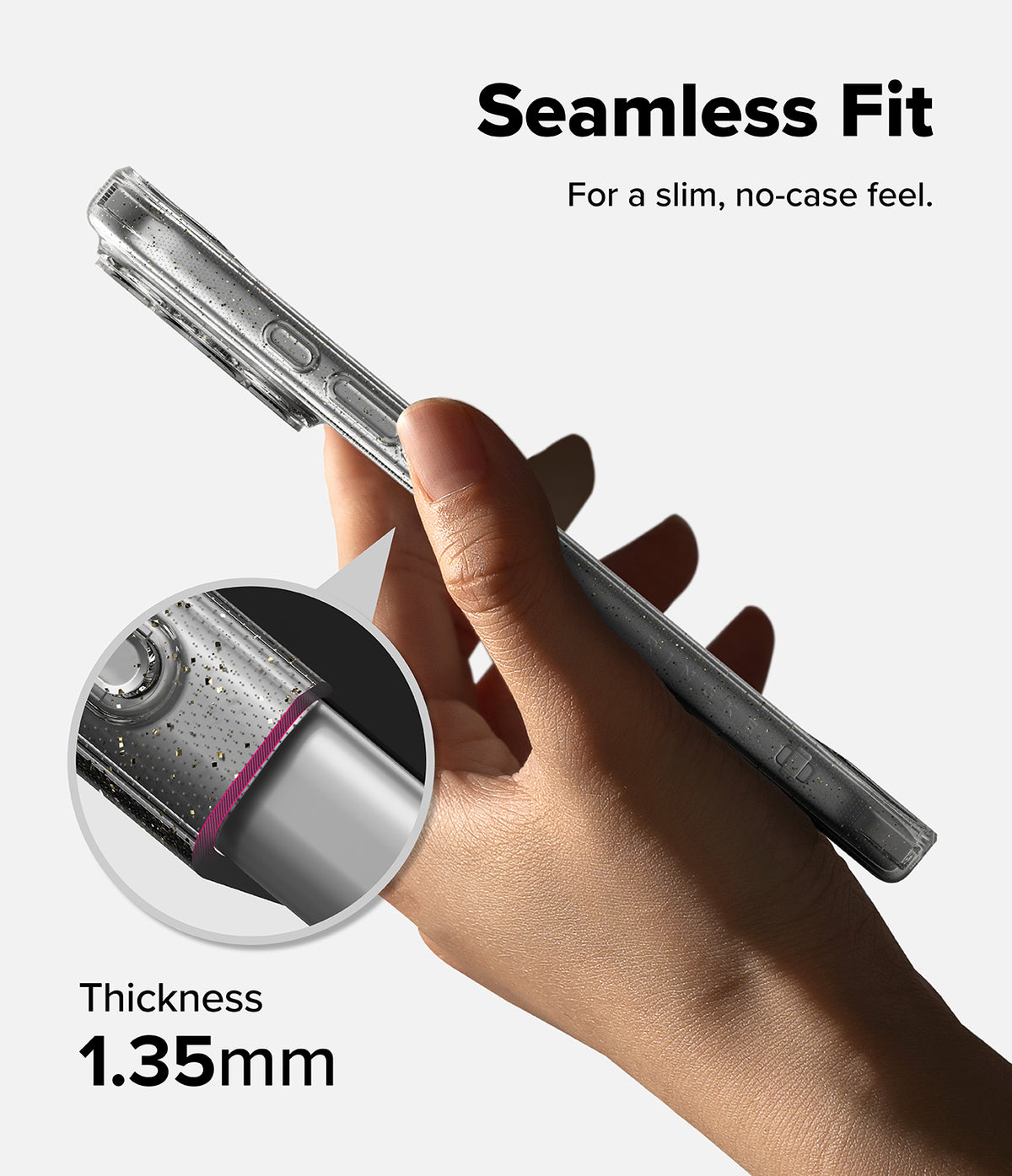 iPhone 17 Pro Max Case | Air - Hand holding a slim, glittery clear phone case with a 1.35mm thickness callout.