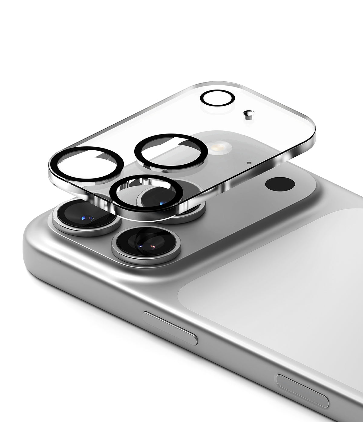 iPhone 17 Pro Max | Camera Glass - Clear glass camera lens protector hovering above the triple-lens module of a silver smartphone.