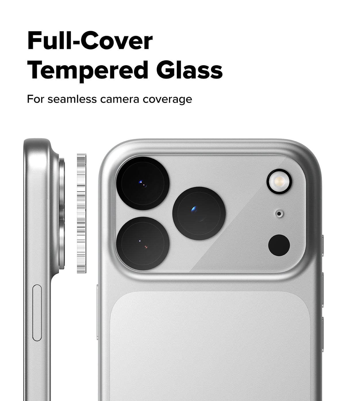 iPhone 17 Pro Max | Camera Glass - Tempered glass protector hovering over a silver smartphone camera module.