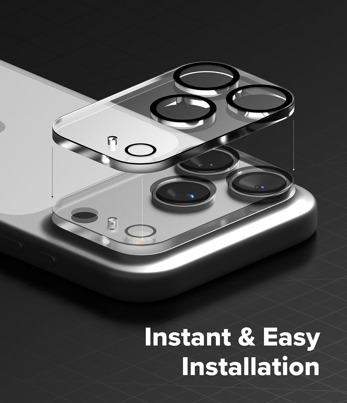 iPhone 17 Pro Max | Camera Glass - Protective glass cover hovering above the iPhone camera lenses for easy installation.