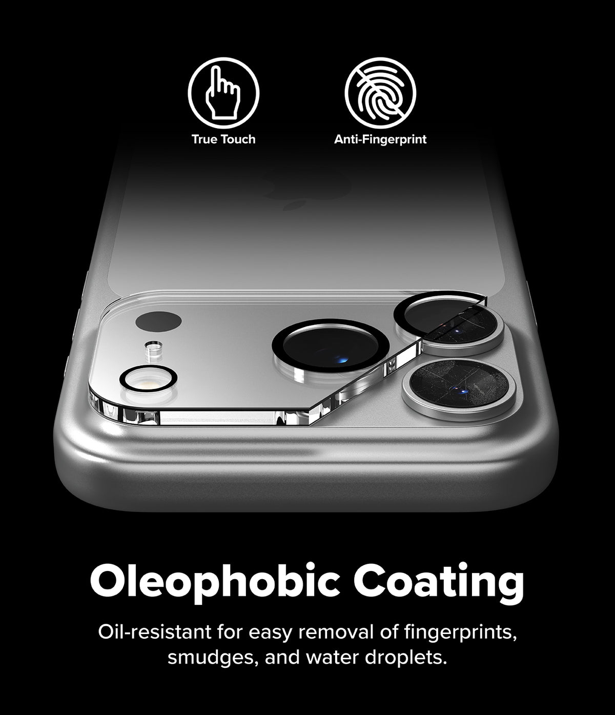 iPhone 17 Pro Max | Camera Glass - Protective lens cover on a smartphone with oleophobic coating icons and text.