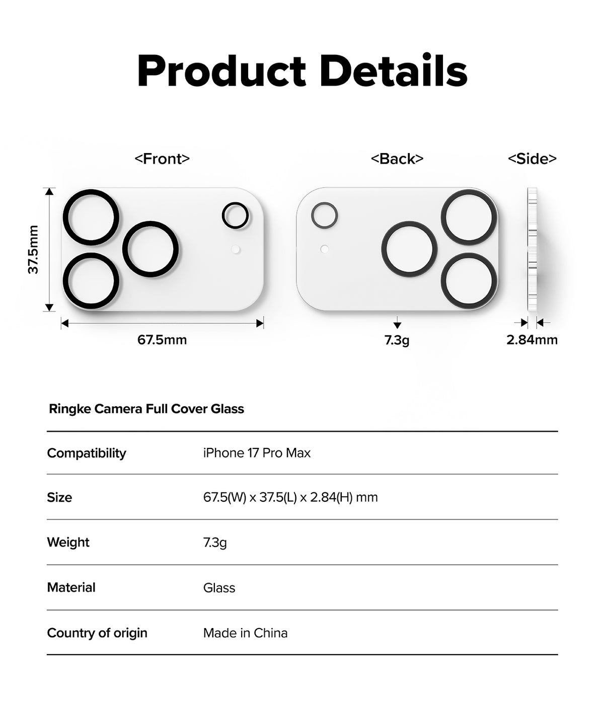 iPhone 17 Pro Max | Camera Glass - Technical diagram showing dimensions, weight, and views of the camera lens protector.