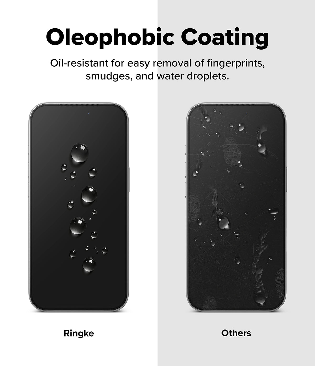 iPhone 17 Pro Max Screen Protector | Easy Slide AR Tempered Glass - iPhone 17 Pro Max Screen Protector - Comparison showing Ringke's clean oleophobic surface versus a smudged, wet screen.
