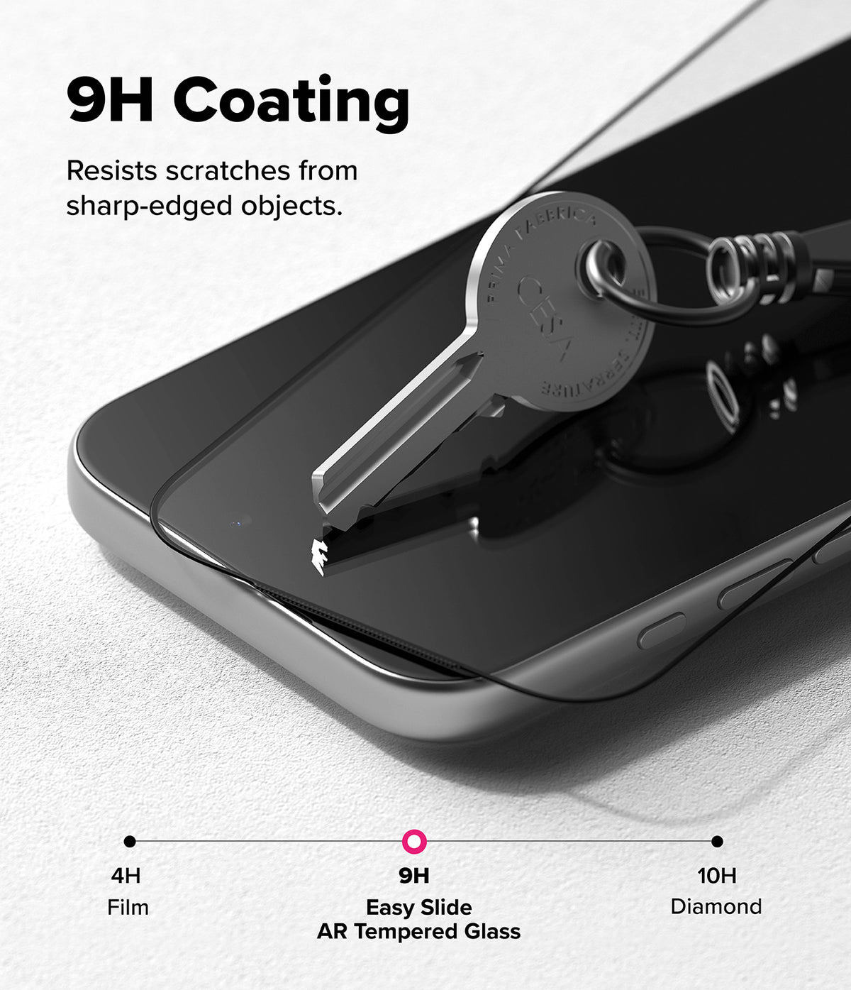 iPhone 17 Pro Max Screen Protector | Easy Slide AR Tempered Glass - iPhone 17 Pro Max Screen Protector - A metal key pressing against a 9H tempered glass screen protector on a smartphone.