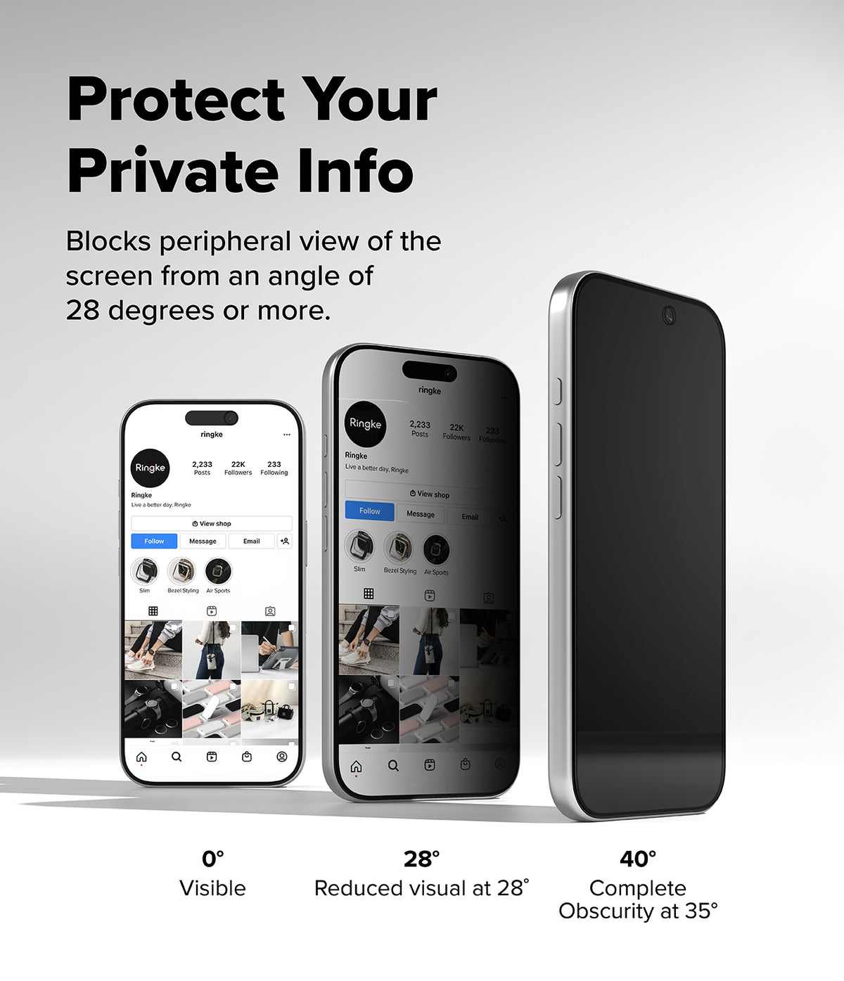 iPhone 17 Pro Max Screen Protector | Easy Slide Privacy Tempered Glass - iPhone 17 Pro Max Screen Protector - Three phones showing screen visibility decreasing from clear to black at 0, 28, and 40 degrees.