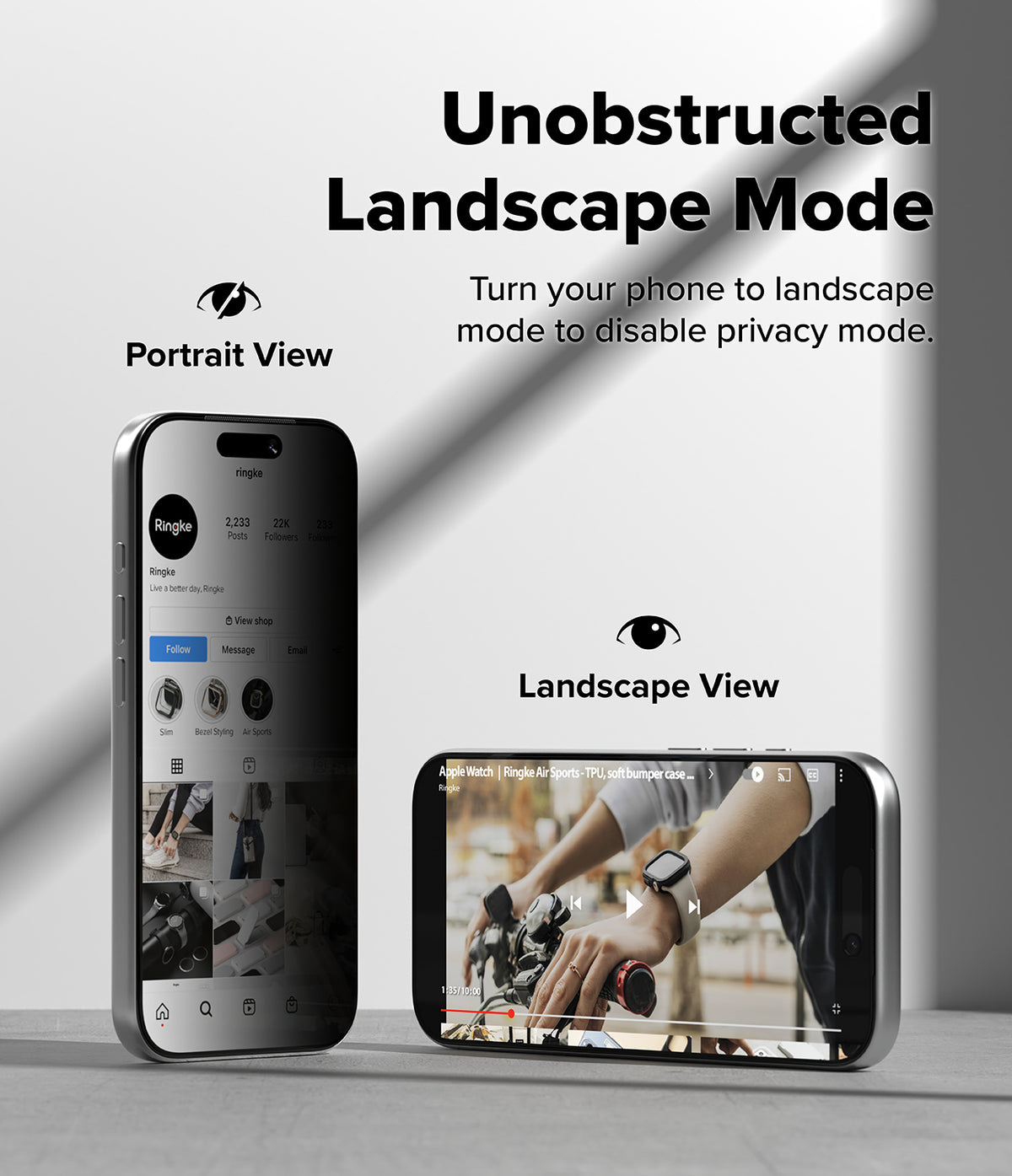 iPhone 17 Pro Max Screen Protector | Easy Slide Privacy Tempered Glass - iPhone 17 Pro Max Screen Protector - Privacy glass showing dark portrait view and clear landscape video playback.