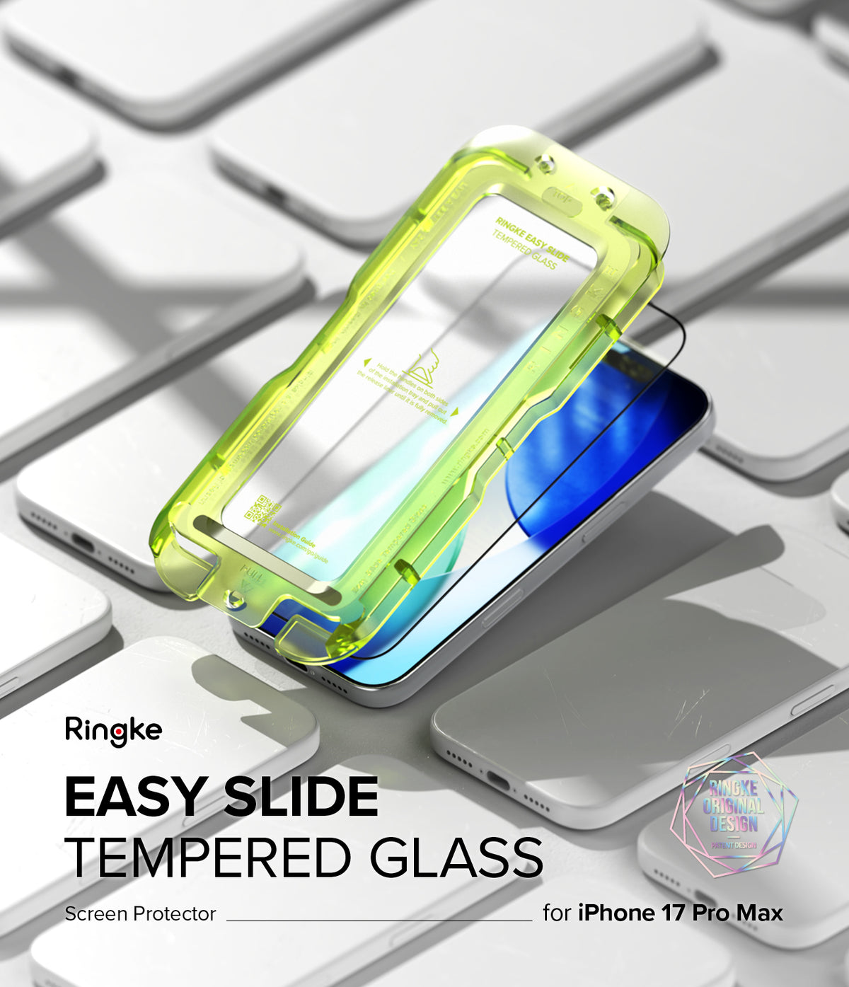 iPhone 17 Pro Max Screen Protector | Easy Slide Tempered Glass - A lime green installation tray hovering over an iPhone 17 Pro Max on a grid of phones.