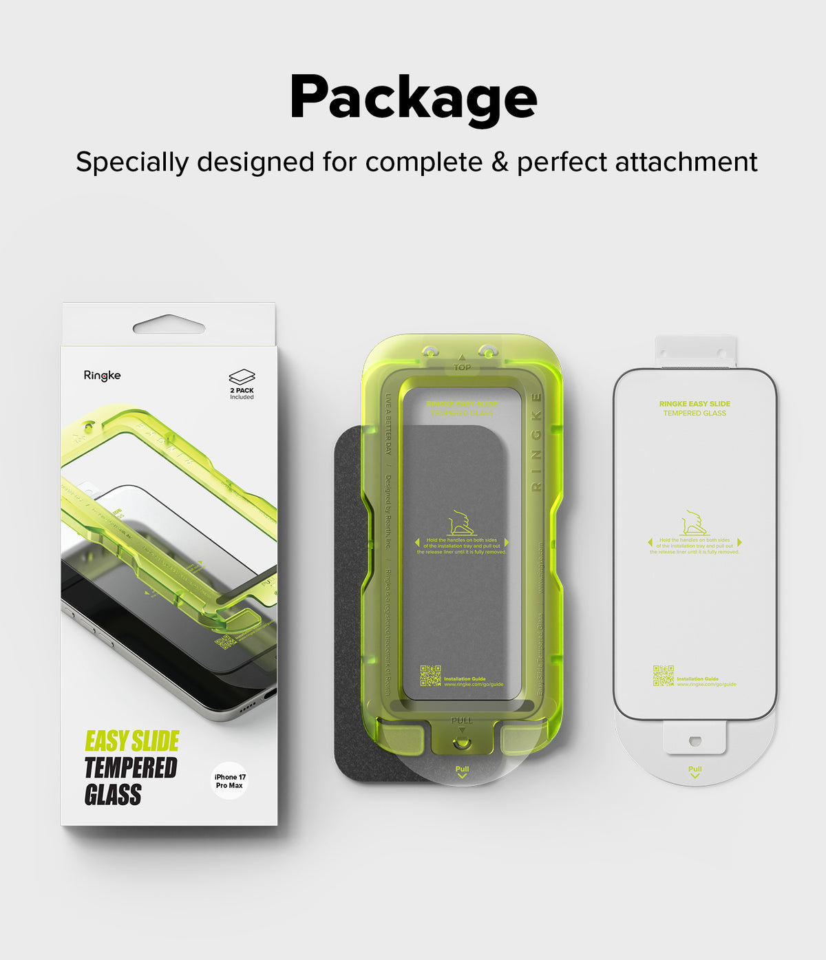 iPhone 17 Pro Max Screen Protector | Easy Slide Tempered Glass - Packaging, green installation tray, and tempered glass screen protector for iPhone.