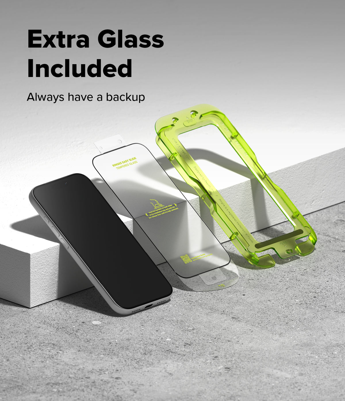 iPhone 17 Pro Max Screen Protector | Easy Slide Tempered Glass - A smartphone, a tempered glass screen protector, and a green installation frame.