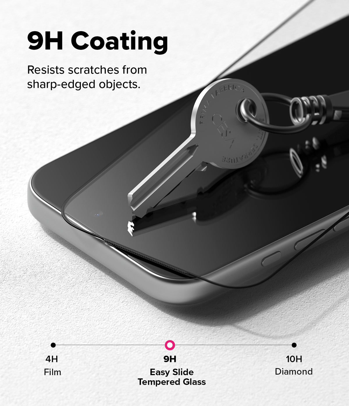 iPhone 17 Pro Max Screen Protector | Easy Slide Tempered Glass - A metal key pressing against a smartphone screen with 9H scratch-resistant coating.