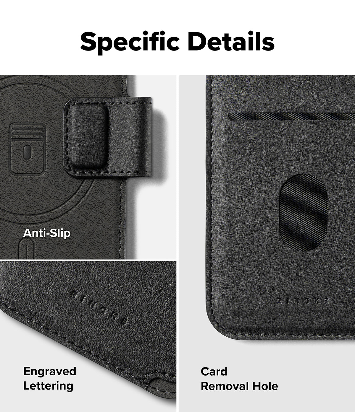 iPhone 17 Pro Max Cover | Folio Grip Wallet Magnetic - Close-ups of black leather wallet showing anti-slip texture, Ringke logo, and card removal hole.