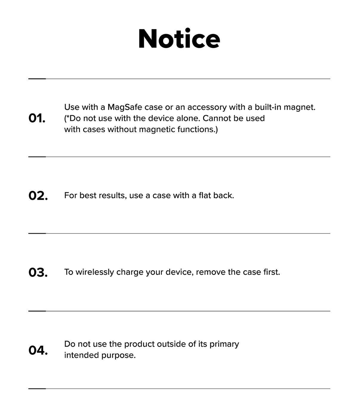 iPhone 17 Pro Max Cover | Folio Grip Wallet Magnetic - A list of four numbered usage instructions for a magnetic phone accessory on a white background.