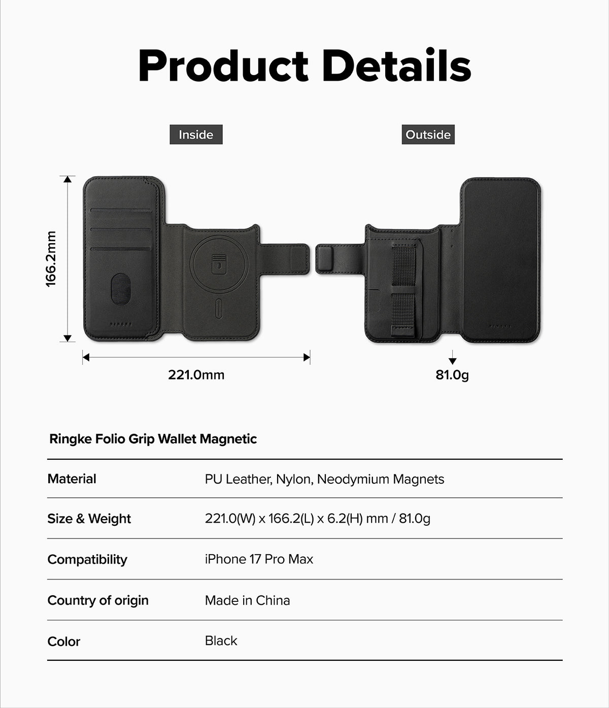 iPhone 17 Pro Max Cover | Folio Grip Wallet Magnetic - Technical diagram showing dimensions, weight, and internal features of the black folio wallet.