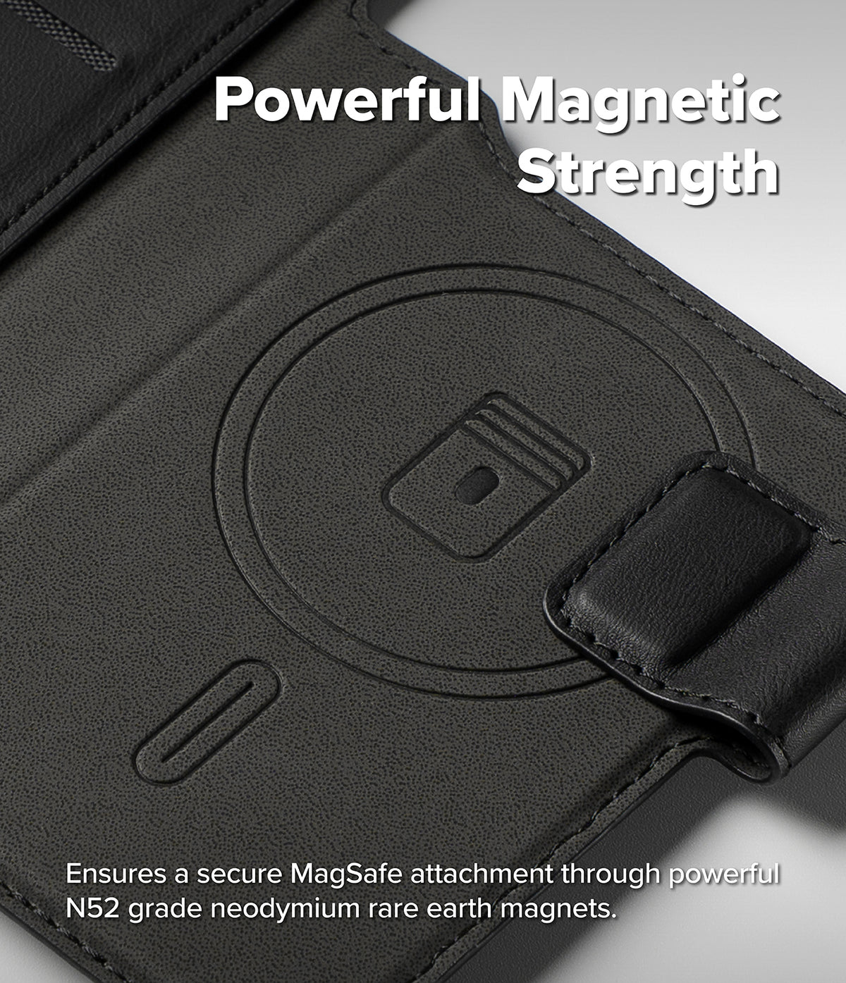iPhone 17 Pro Max Cover | Folio Grip Wallet Magnetic - Black leather folio case featuring a circular MagSafe magnetic ring and a secure strap.
