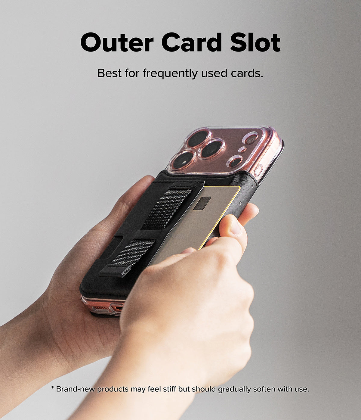iPhone 17 Pro Max Cover | Folio Grip Wallet Magnetic - Hands holding a phone case with an outer card slot containing a credit card and a grip strap.